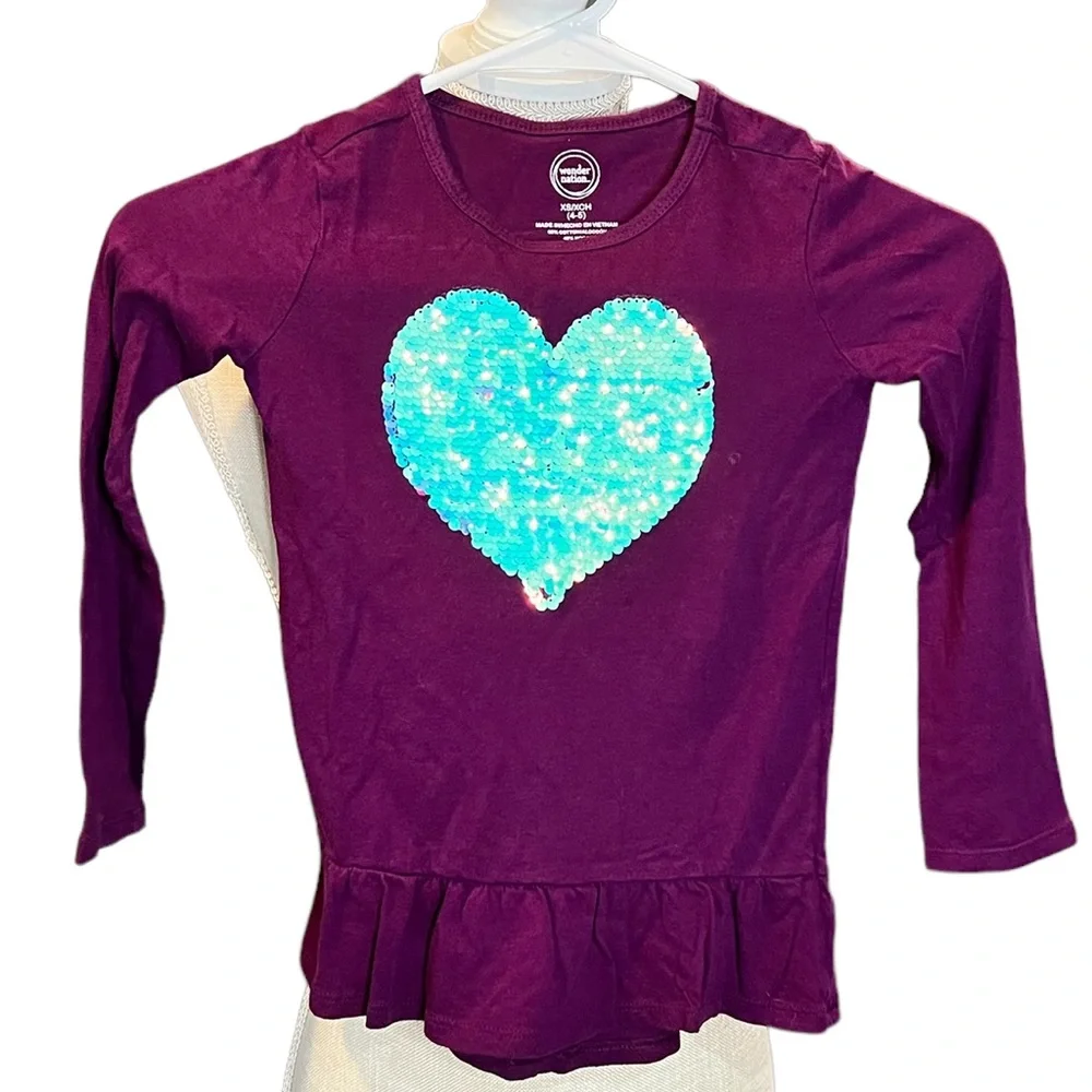 Wonder Nation long sleeve t-shirt w/ white & purple sequin heart & bottom ruffle - Picture 1 of 4